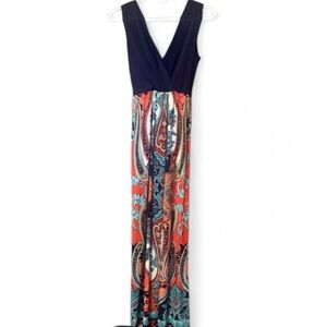 RENEE C. V-Neck Wynne Knit Maxi Dress Multicolor Coral Blue Print Small EUC